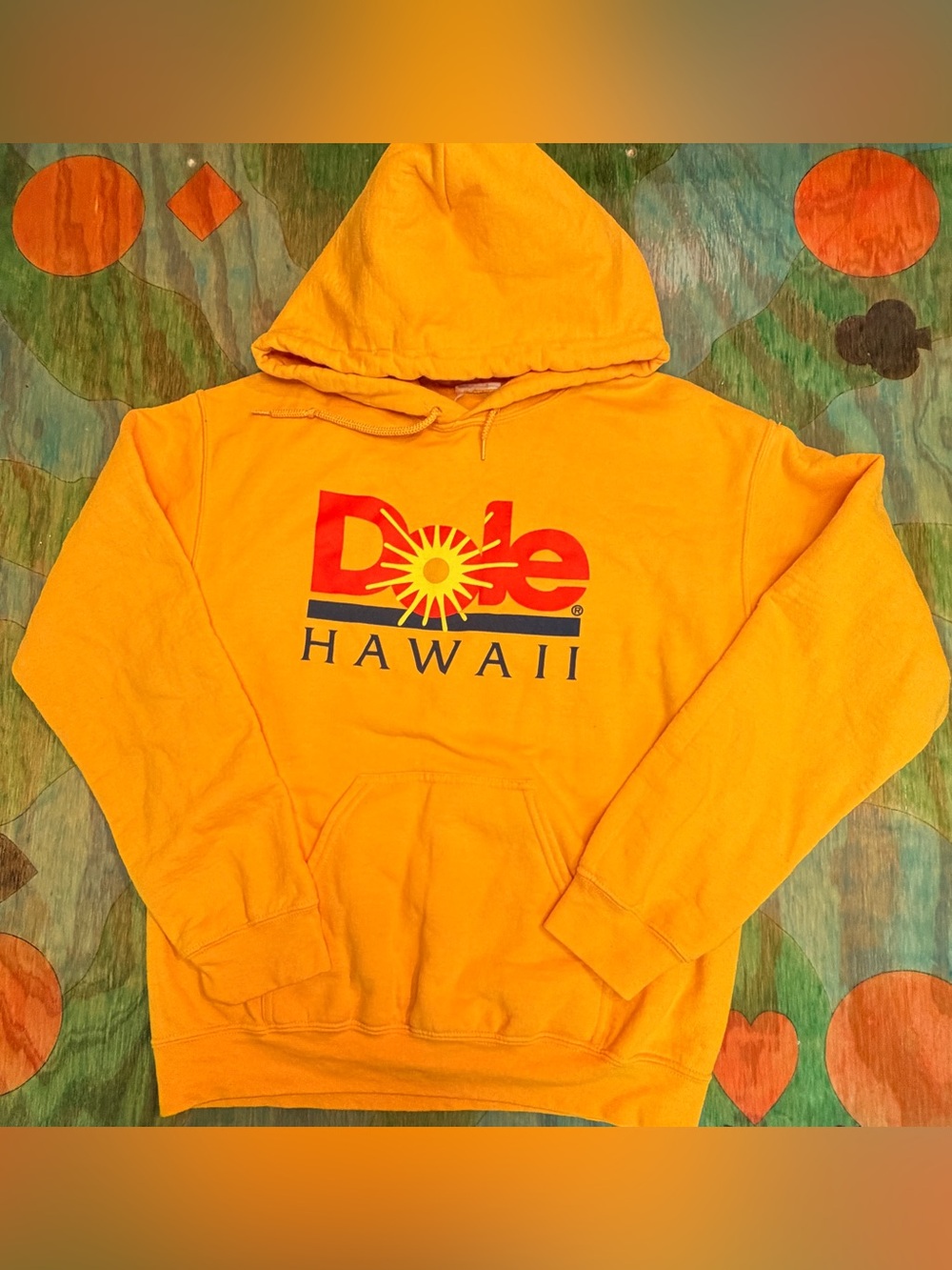 Dole Yellow Pullover Hoodie Hawaii Graphic Logo Pocket Drawstring Size Medium Lo